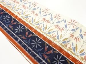 手織り紬縞に花葉模様織出し名古屋帯